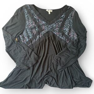 Tru Self Black Long Sleeve Top Floral Lace Panel Boho Peasant Medium
